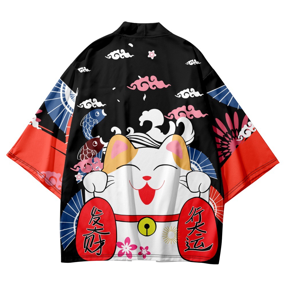 Asian Cosplay Anime - Yukata-cárdigan con estampado de gato para